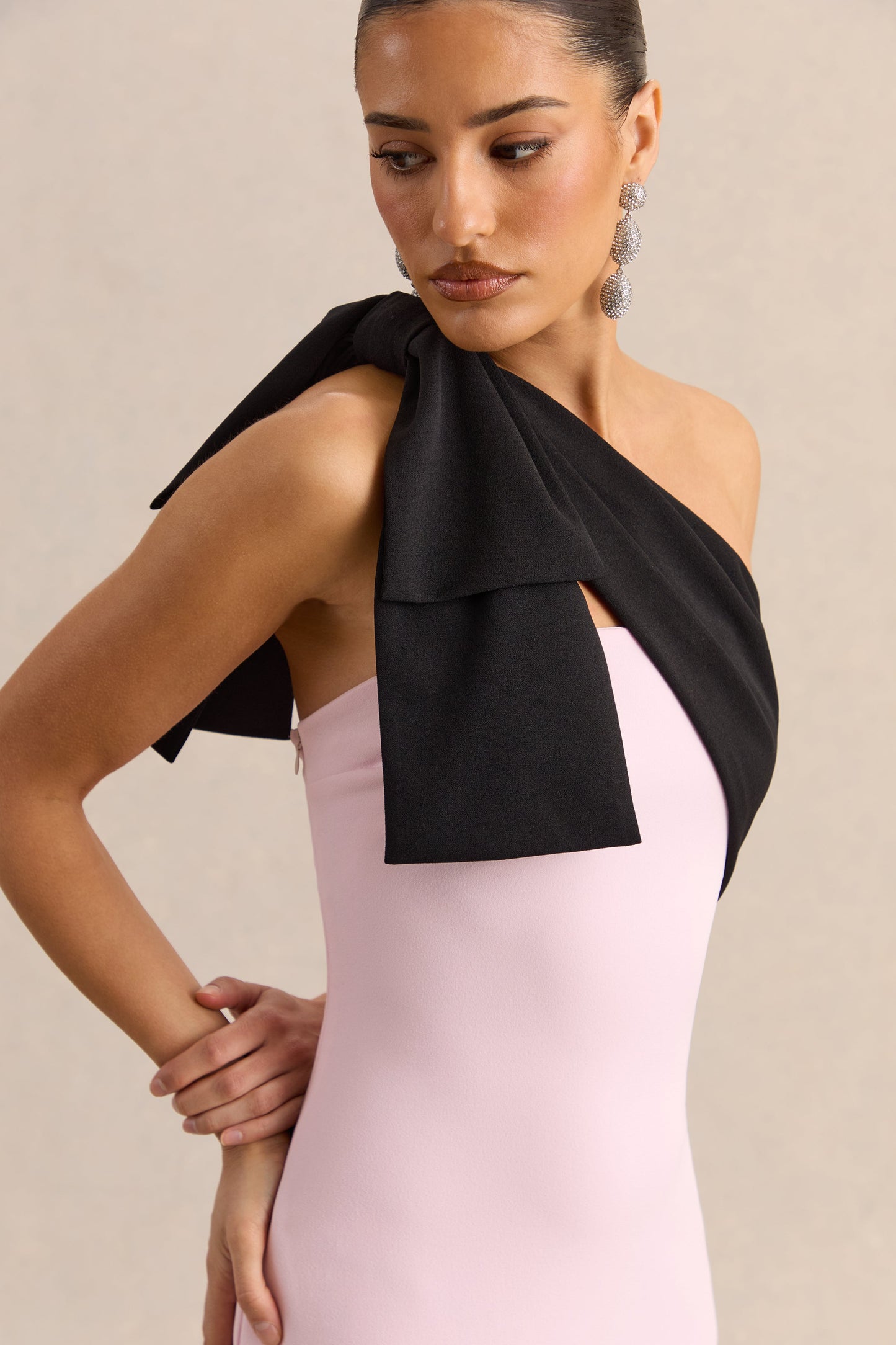 Adara | Pink & Black Asymmetric-Neck Maxi Dress With Bow-Detail