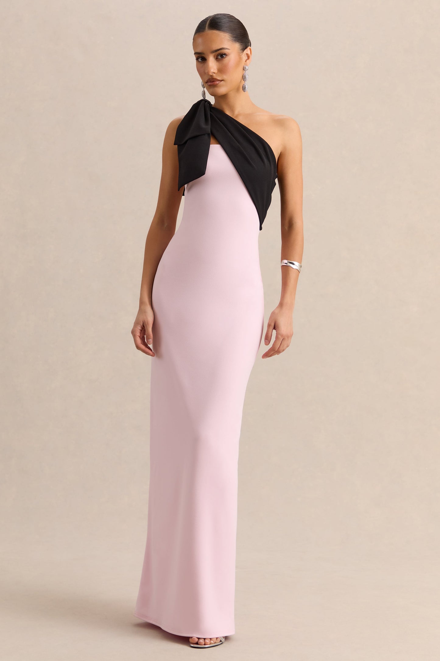 Adara | Pink & Black Asymmetric-Neck Maxi Dress With Bow-Detail