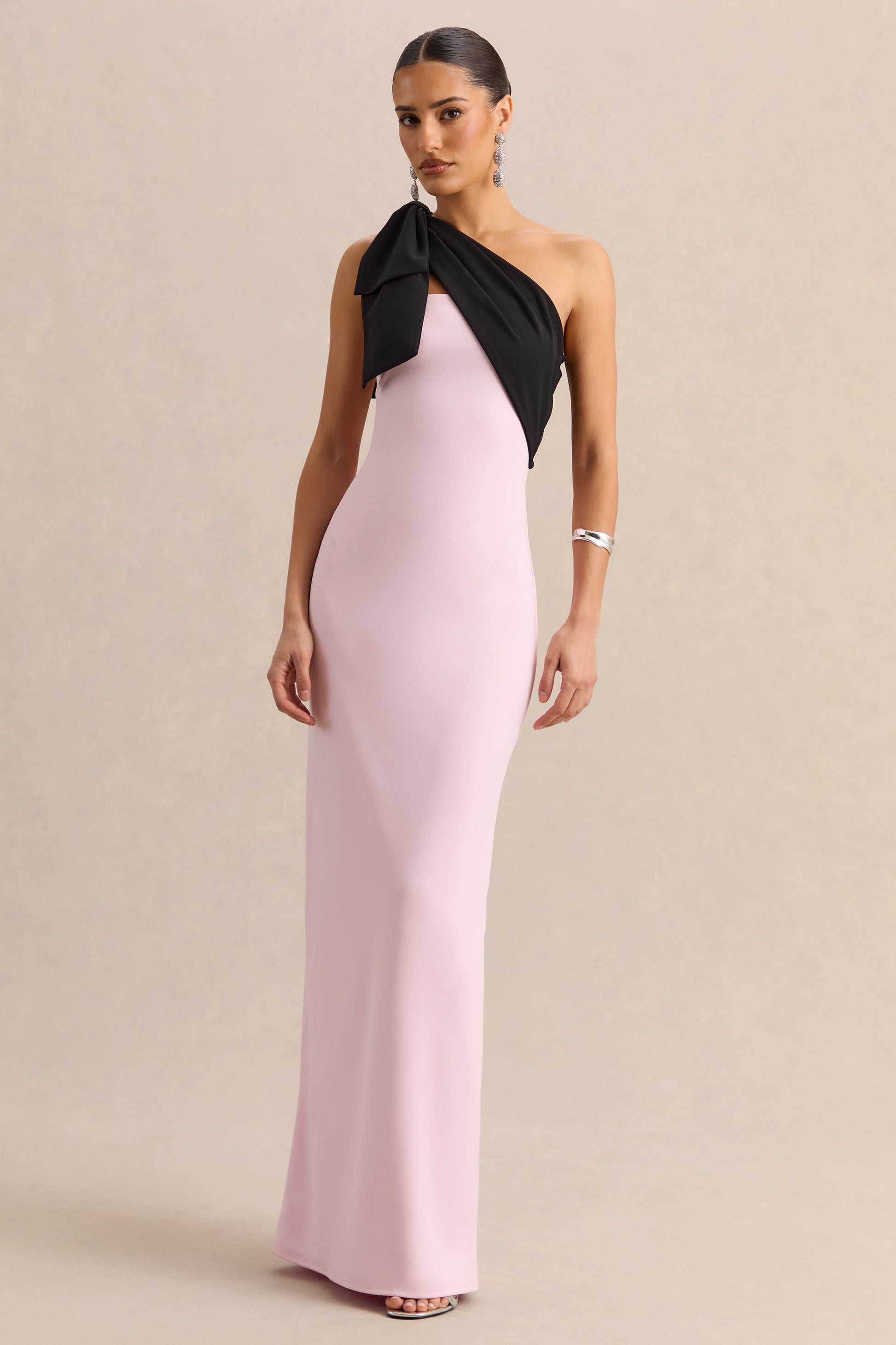 Adara | Pink & Black Asymmetric-Neck Maxi Dress With Bow-Detail