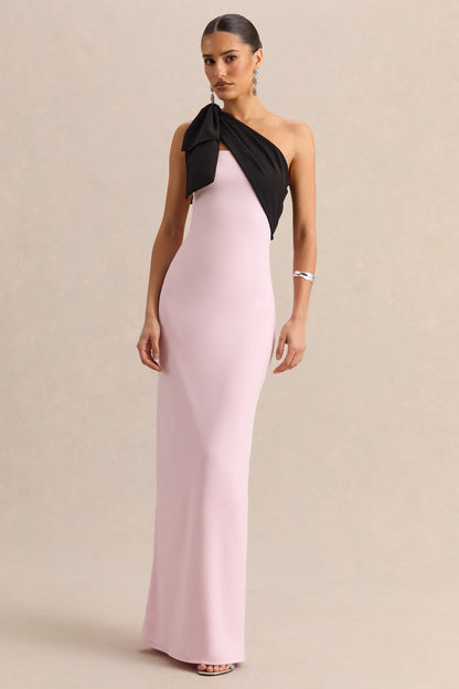 Adara | Pink & Black Asymmetric-Neck Maxi Dress With Bow-Detail