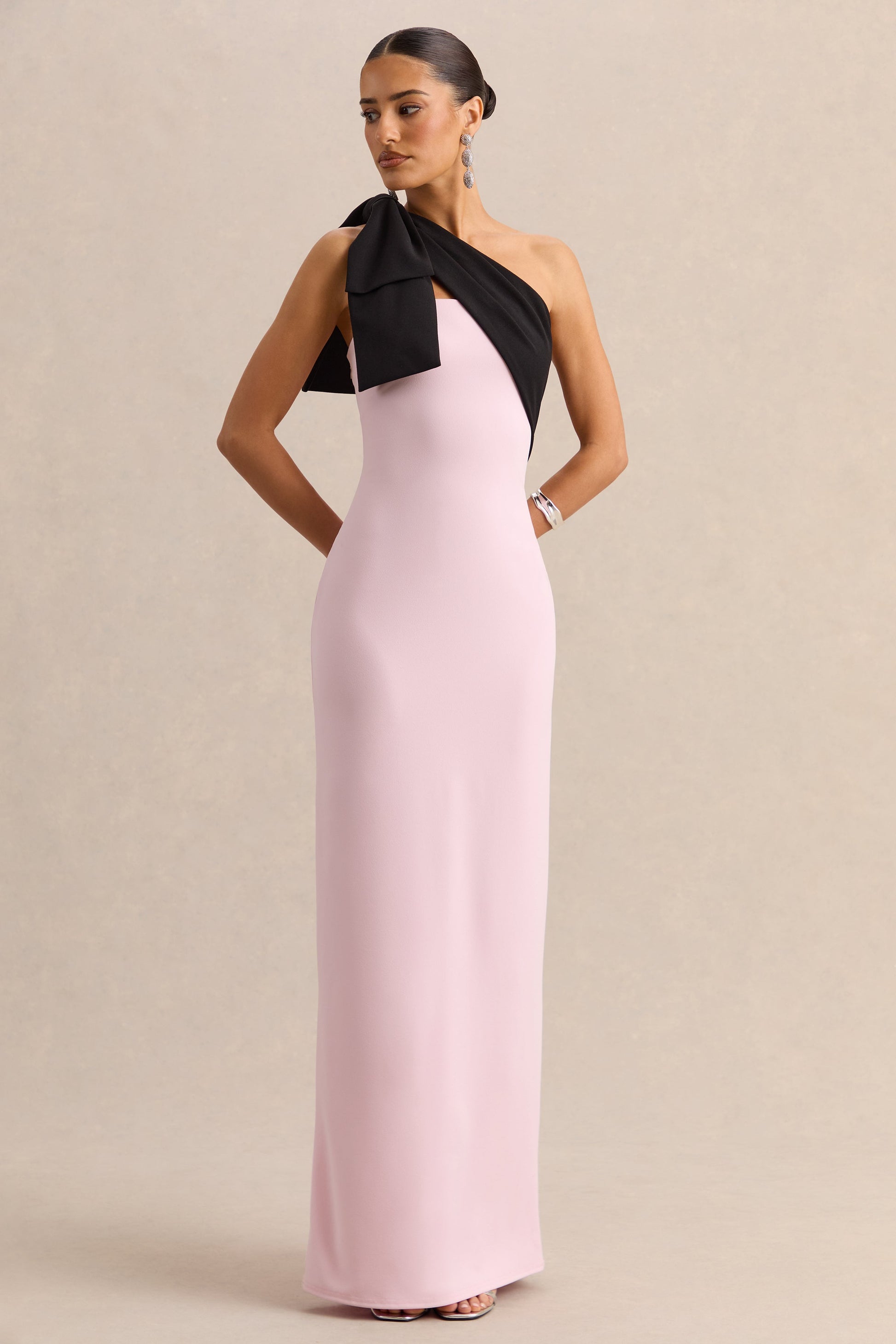 Adara | Pink & Black Asymmetric-Neck Maxi Dress With Bow-Detail