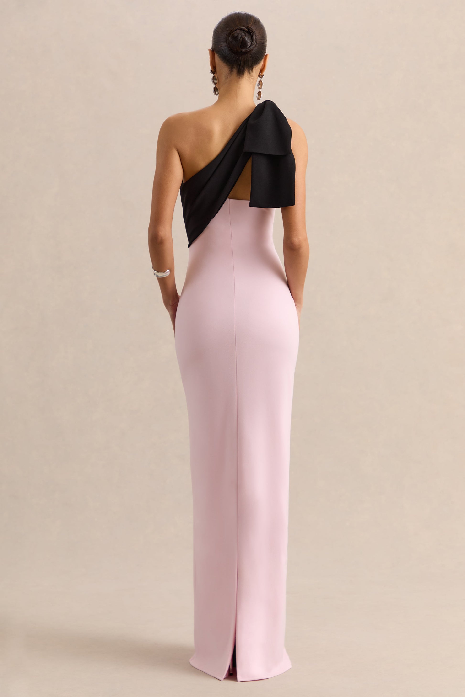 Adara | Pink & Black Asymmetric-Neck Maxi Dress With Bow-Detail