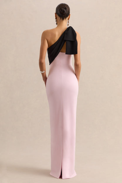 Adara | Pink & Black Asymmetric-Neck Maxi Dress With Bow-Detail