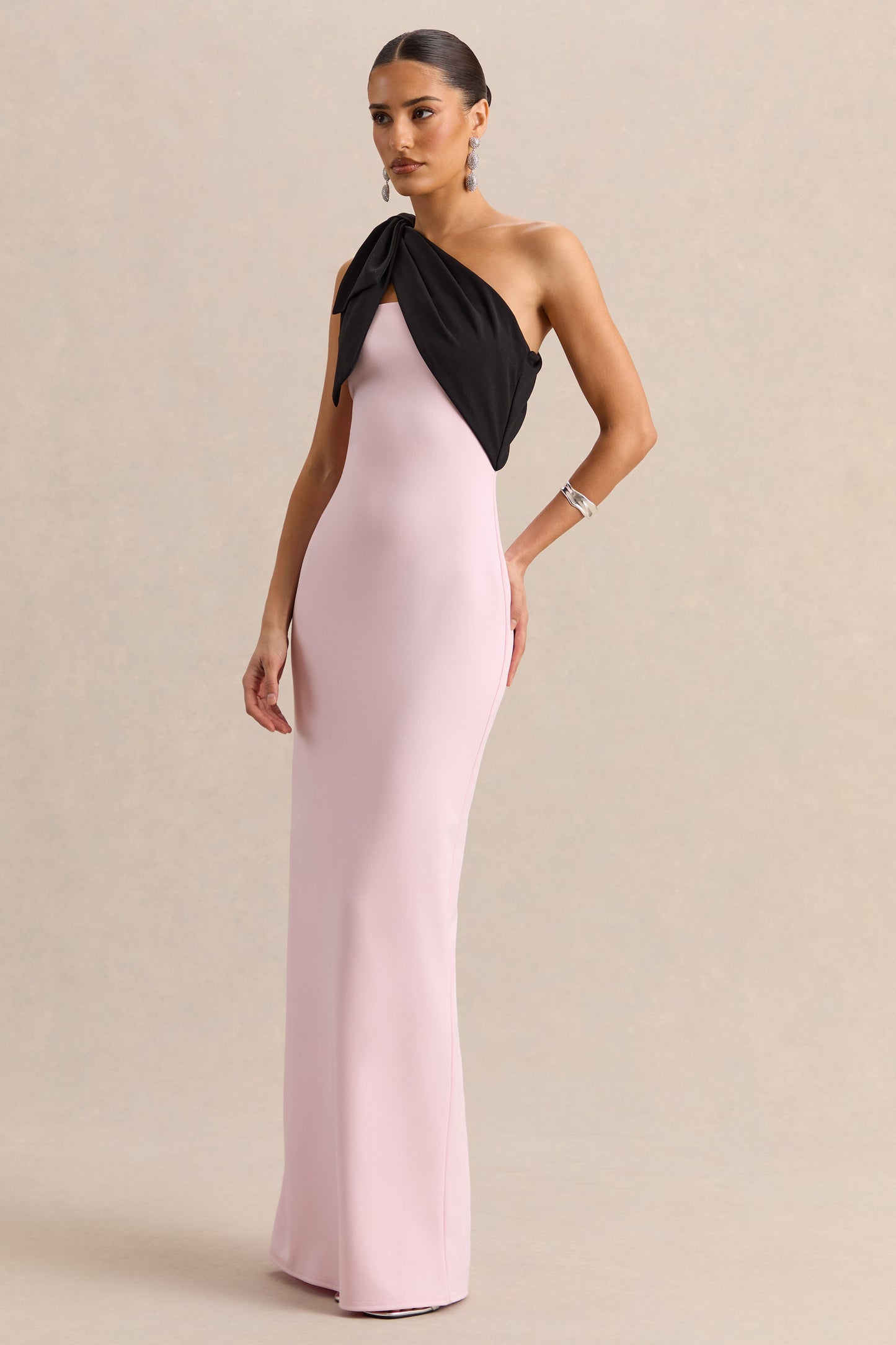 Adara | Pink & Black Asymmetric-Neck Maxi Dress With Bow-Detail