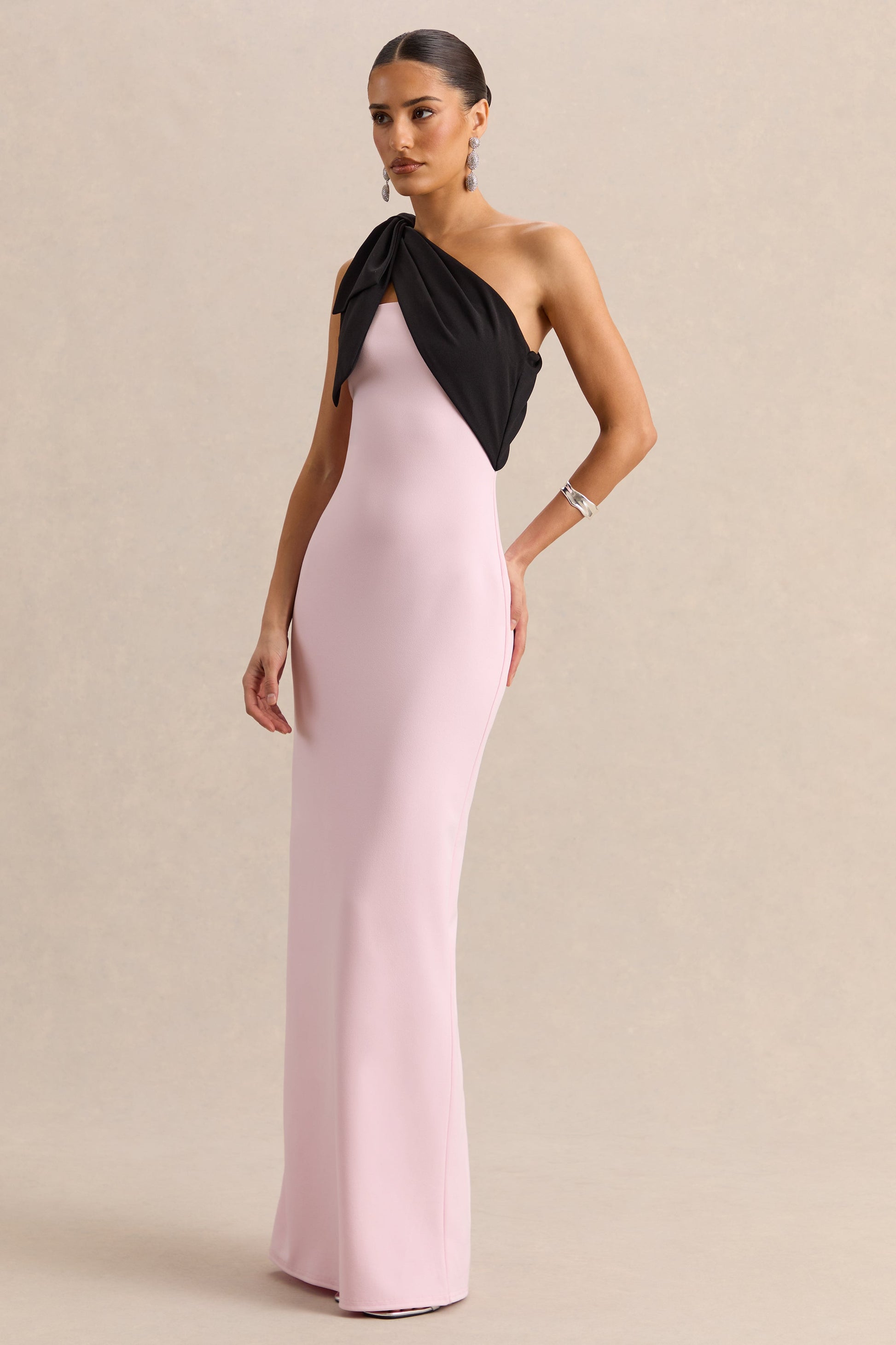 Adara | Pink & Black Asymmetric-Neck Maxi Dress With Bow-Detail
