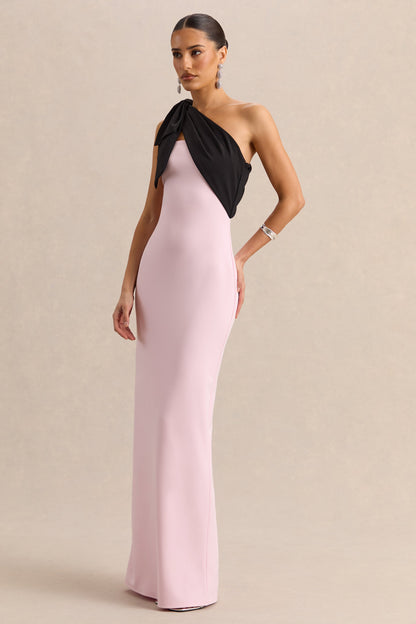 Adara | Pink & Black Asymmetric-Neck Maxi Dress With Bow-Detail