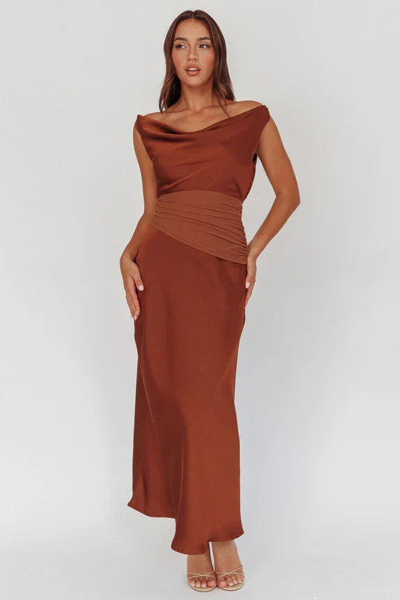 JUDY MAXI COCOA BROWN SATIN DRESS WITH OPEN BACK