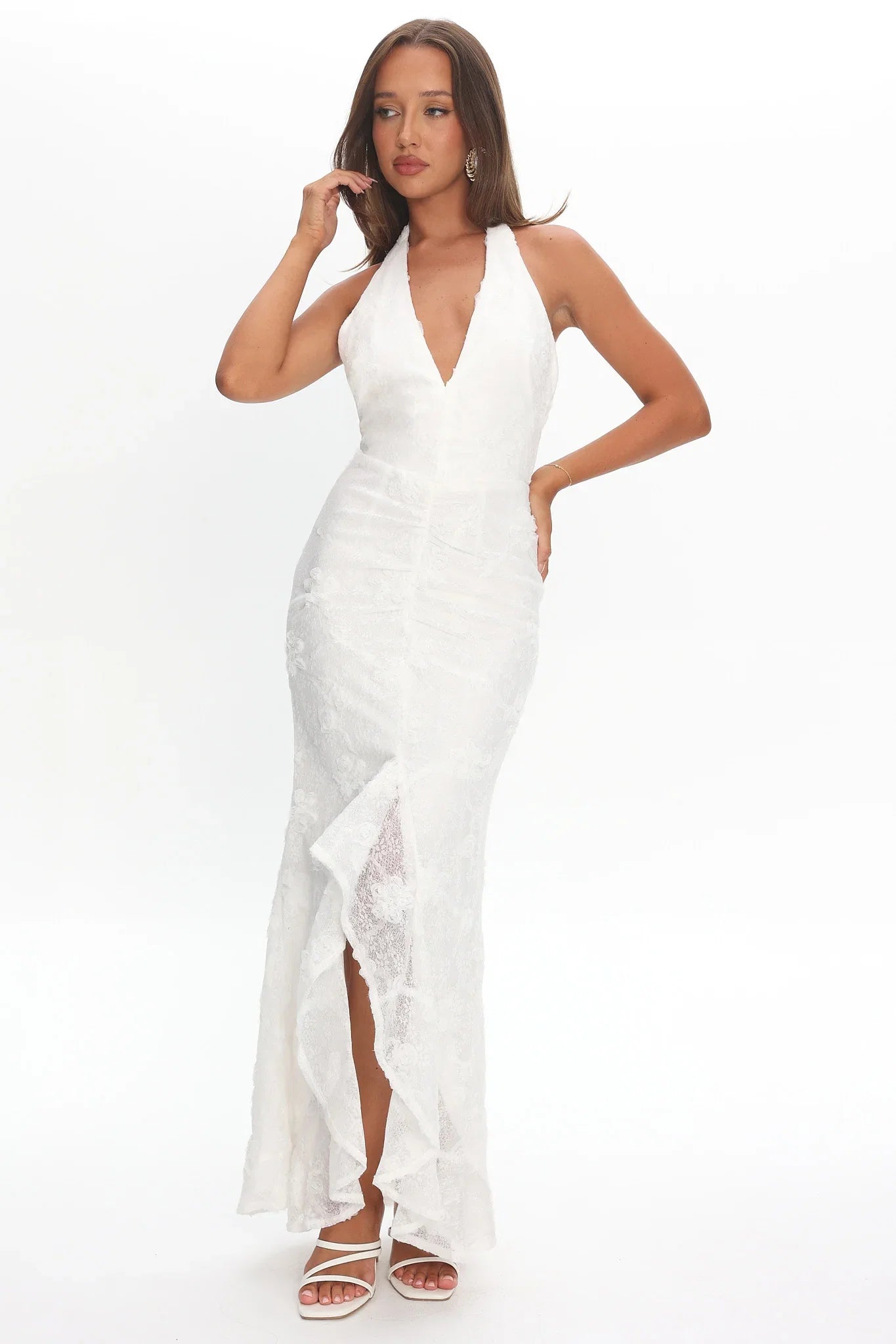 Rue Maxi Dress White Lace & Rosette Dress