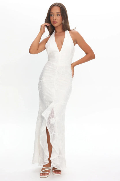 Rue Maxi Dress White Lace & Rosette Dress