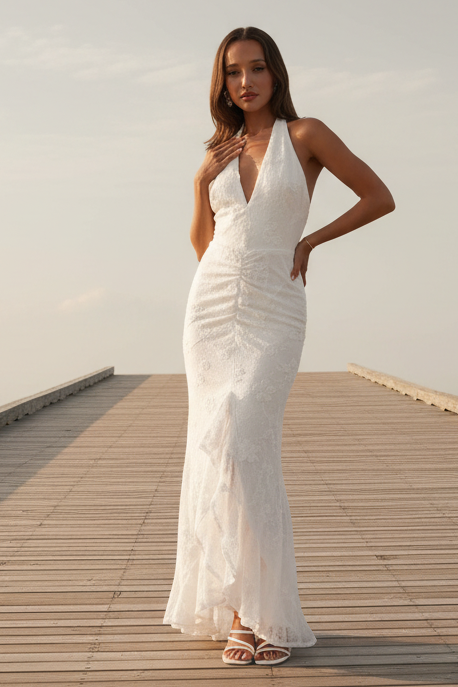 Rue Maxi Dress White Lace & Rosette Dress
