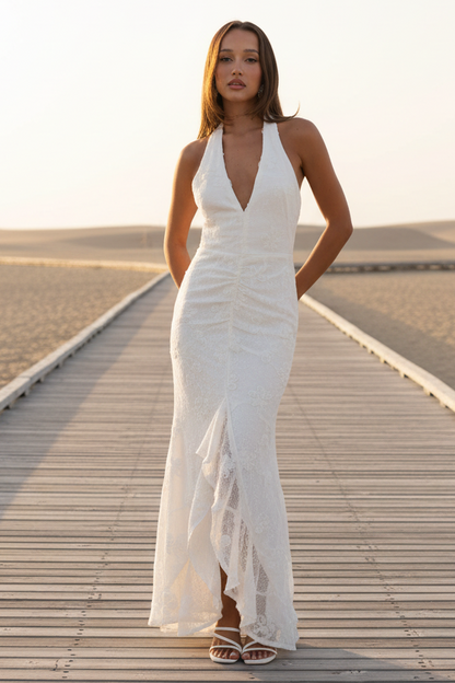Rue Maxi Dress White Lace & Rosette Dress