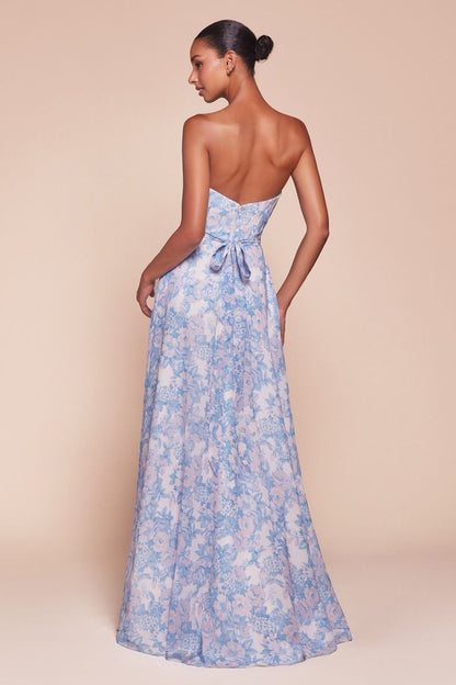 CASSIE GOWN BLUE STRAPLESS A- FLORAL CHIFFON DRESS