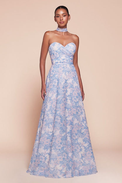 CASSIE GOWN BLUE STRAPLESS A- FLORAL CHIFFON DRESS