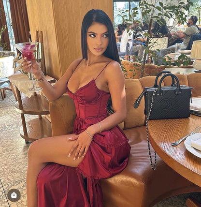 Maeve Corset Midi Dress Burgundy Satin