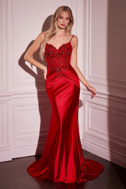 DELLA GOWN FITTED SATIN & LACE EMBELLISHED GOWN