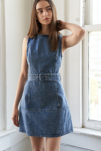 TURN A NEW LEAF BELTED DENIM MINI DRESS