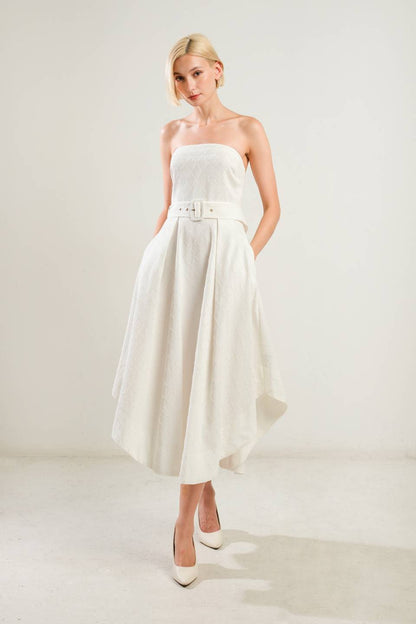 LIFE'S COMPASS WHITE STRAPLESS MIDI DRESS