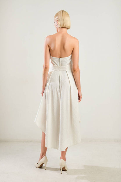 LIFE'S COMPASS WHITE STRAPLESS MIDI DRESS