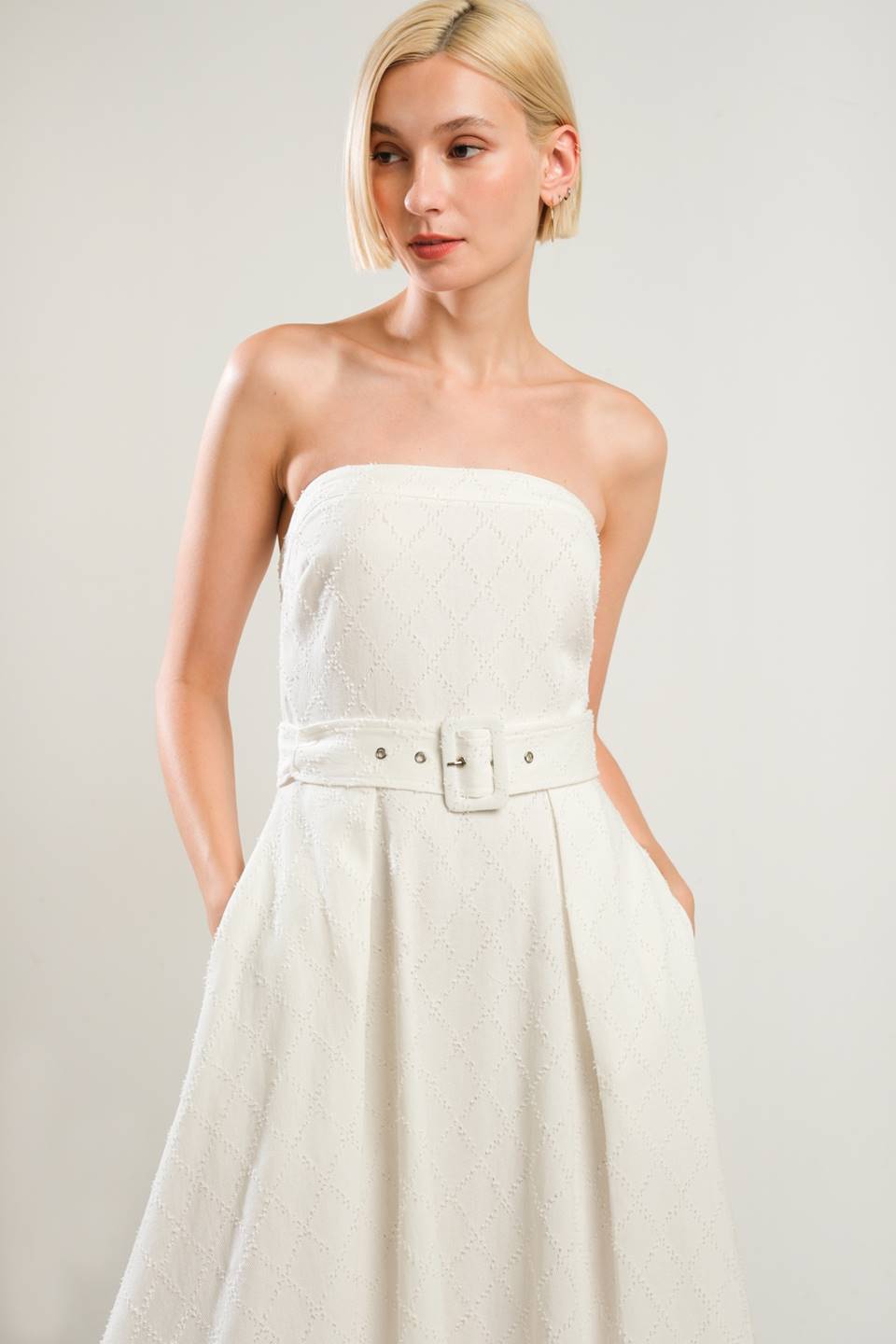 LIFE'S COMPASS WHITE STRAPLESS MIDI DRESS
