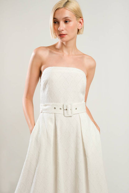 LIFE'S COMPASS WHITE STRAPLESS MIDI DRESS