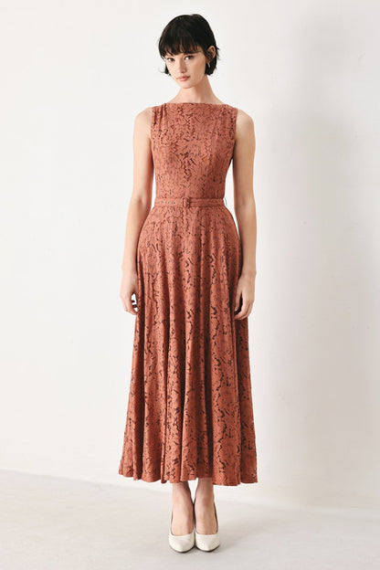 TRUE ROMANCE RUST LACE MIDI DRESS