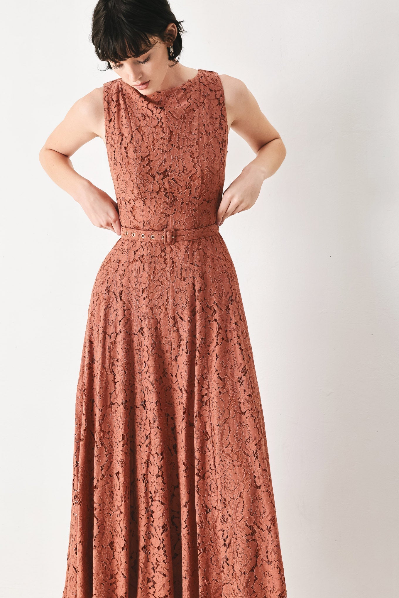 TRUE ROMANCE RUST LACE MIDI DRESS