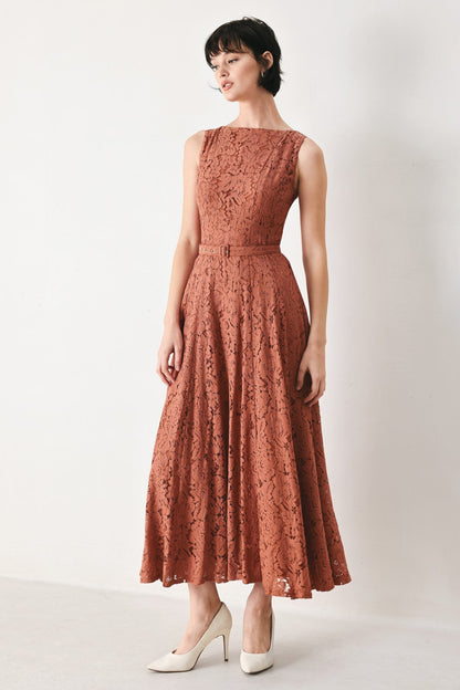 TRUE ROMANCE RUST LACE MIDI DRESS