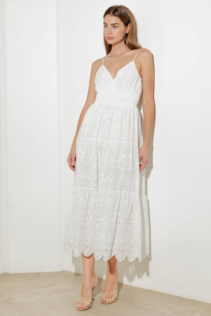 LUMINOUS BLISS EYELET MIDI DRESS