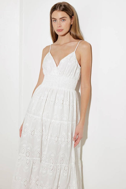 LUMINOUS BLISS EYELET MIDI DRESS