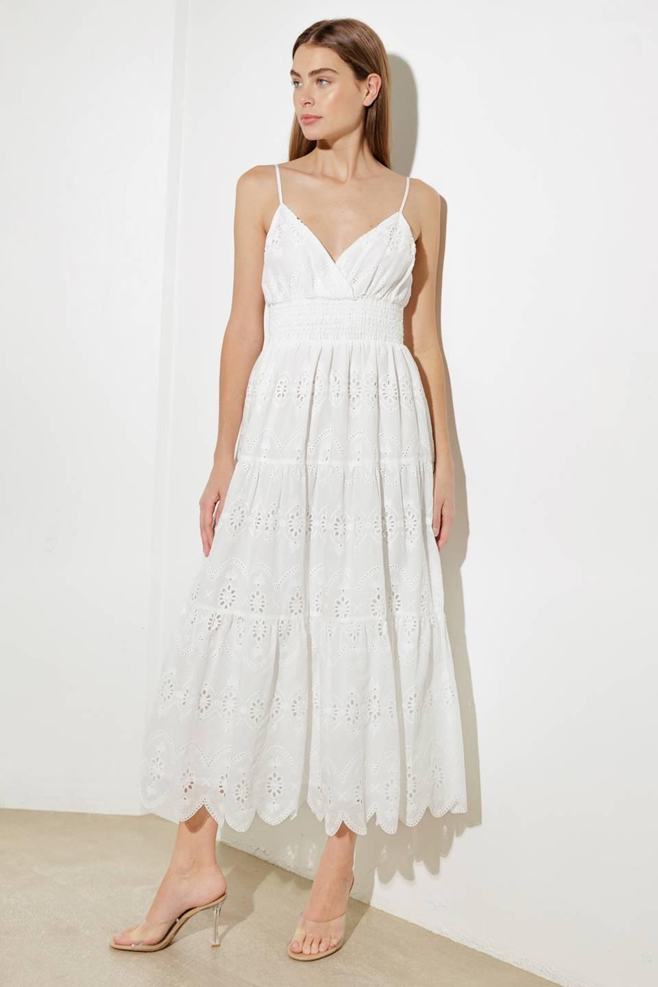 LUMINOUS BLISS EYELET MIDI DRESS