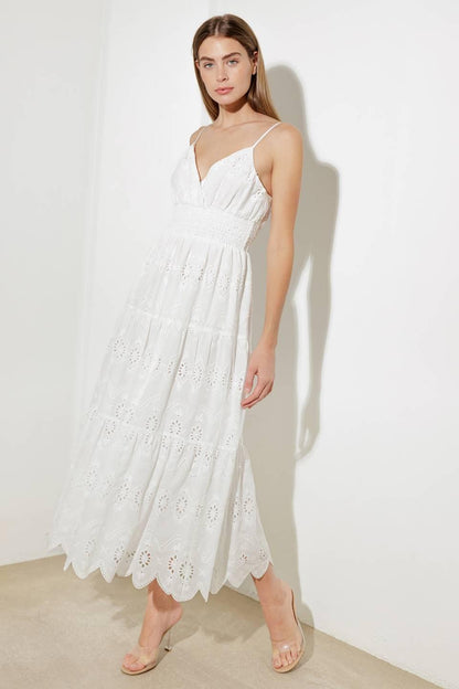 LUMINOUS BLISS EYELET MIDI DRESS