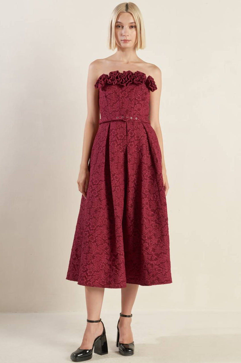 ROSETTE DETAIL STRAPLESS BURGUNDY MIDI DRESS