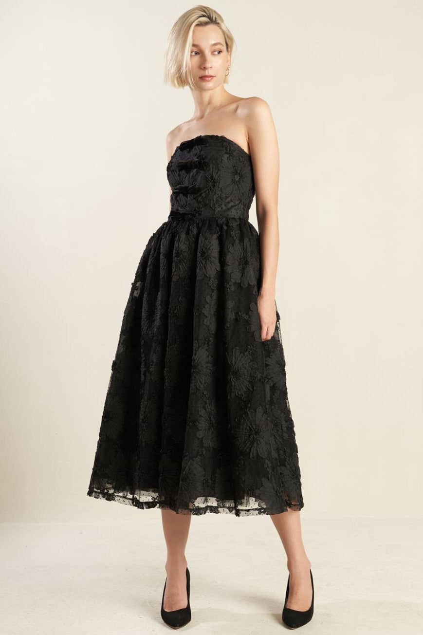 CONFIDENCE GAME BLACK LACE MIDI DRESS
