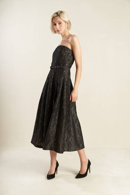 THE TRUTH IS STRAPLESS BLACK LACE MIDI DRESS