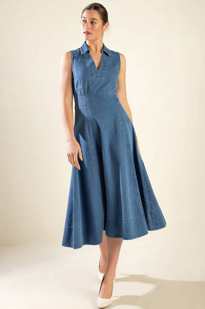 THE GENEVIEVE SHIRT COLLAR DENIM MIDI DRESS