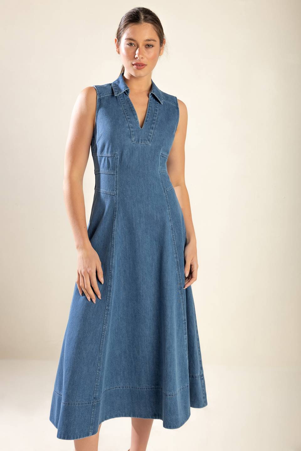 THE GENEVIEVE SHIRT COLLAR DENIM MIDI DRESS