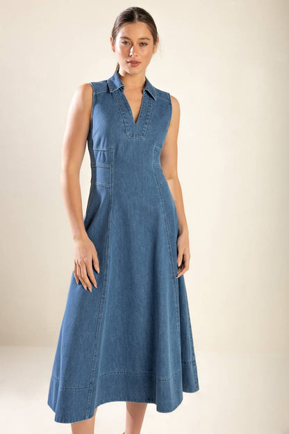 THE GENEVIEVE SHIRT COLLAR DENIM MIDI DRESS