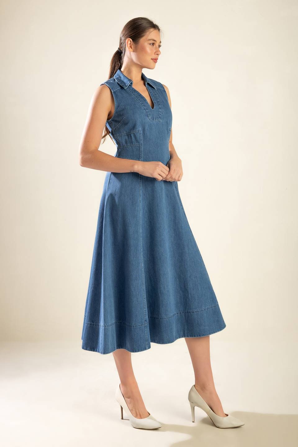 THE GENEVIEVE SHIRT COLLAR DENIM MIDI DRESS