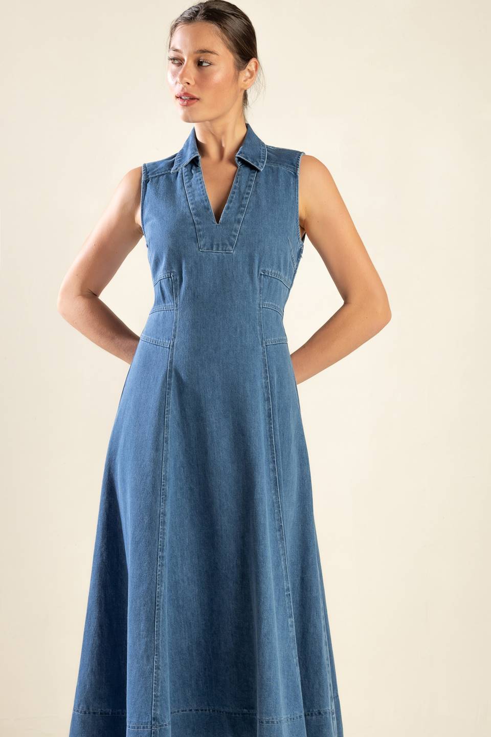 THE GENEVIEVE SHIRT COLLAR DENIM MIDI DRESS