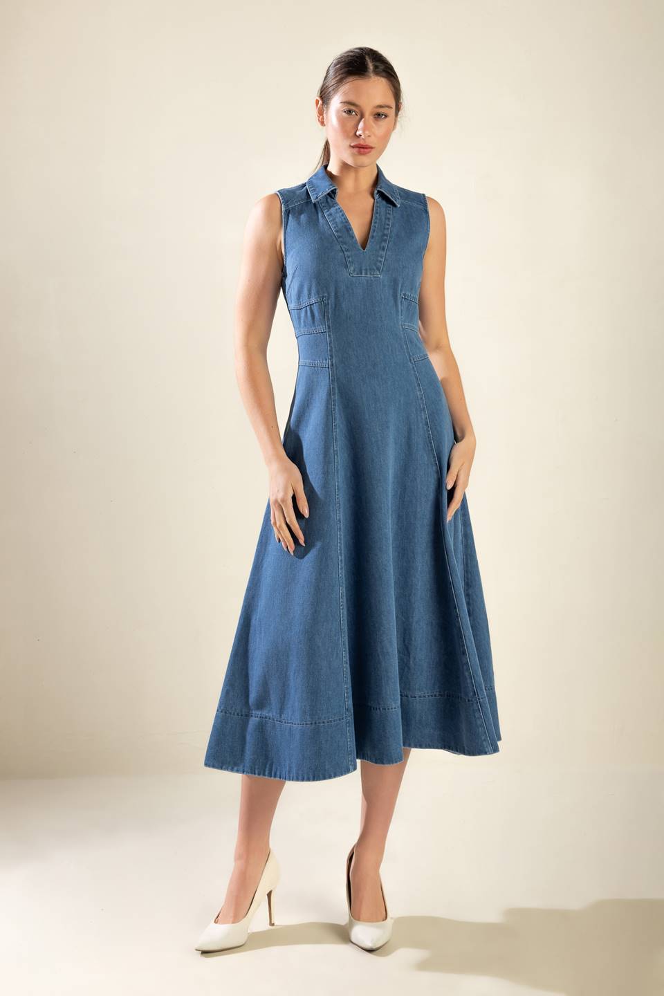 THE GENEVIEVE SHIRT COLLAR DENIM MIDI DRESS