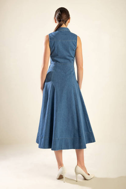 THE GENEVIEVE SHIRT COLLAR DENIM MIDI DRESS