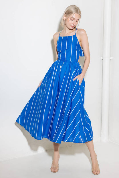 LET THE GOOD IN BLUE STRIPE TIE BACK MIDI DRESS
