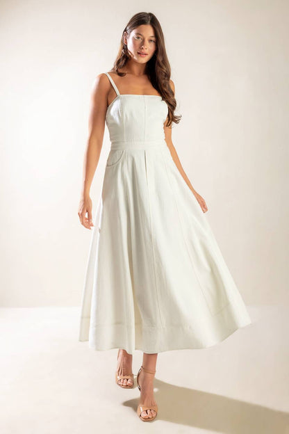LET'S GO FOR A WALK WHITE LACE UP BACK MIDI DRESS