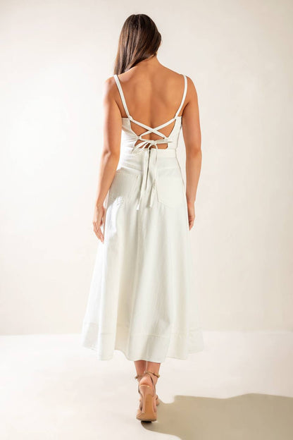 LET'S GO FOR A WALK WHITE LACE UP BACK MIDI DRESS