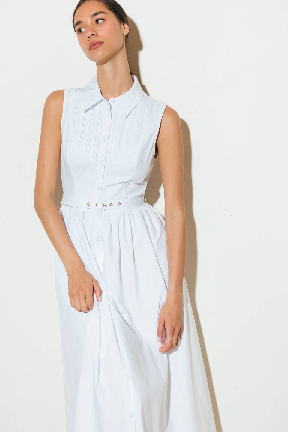 NORTH EAST MIDI White Cotton Pintuck Midi Shirt Dress