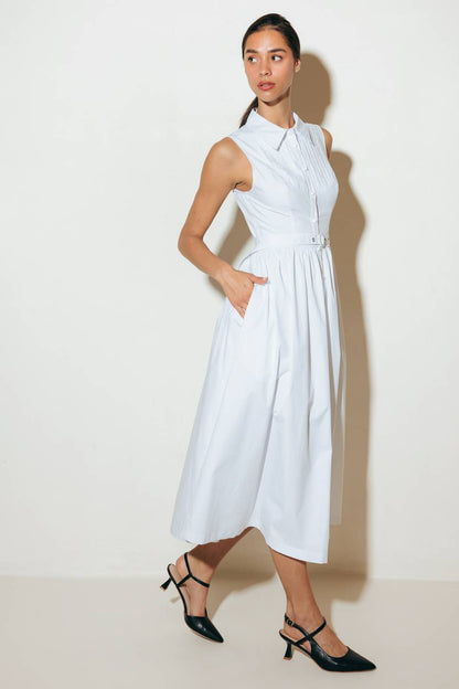 NORTH EAST MIDI White Cotton Pintuck Midi Shirt Dress