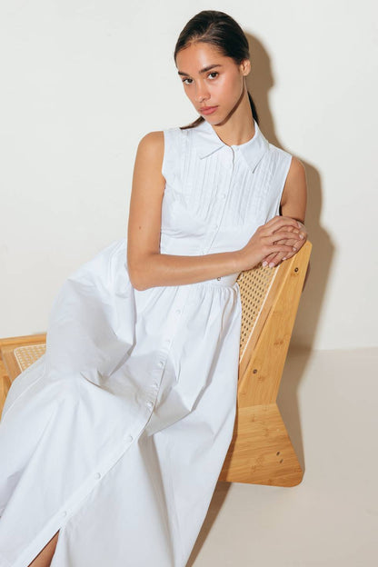 NORTH EAST MIDI White Cotton Pintuck Midi Shirt Dress