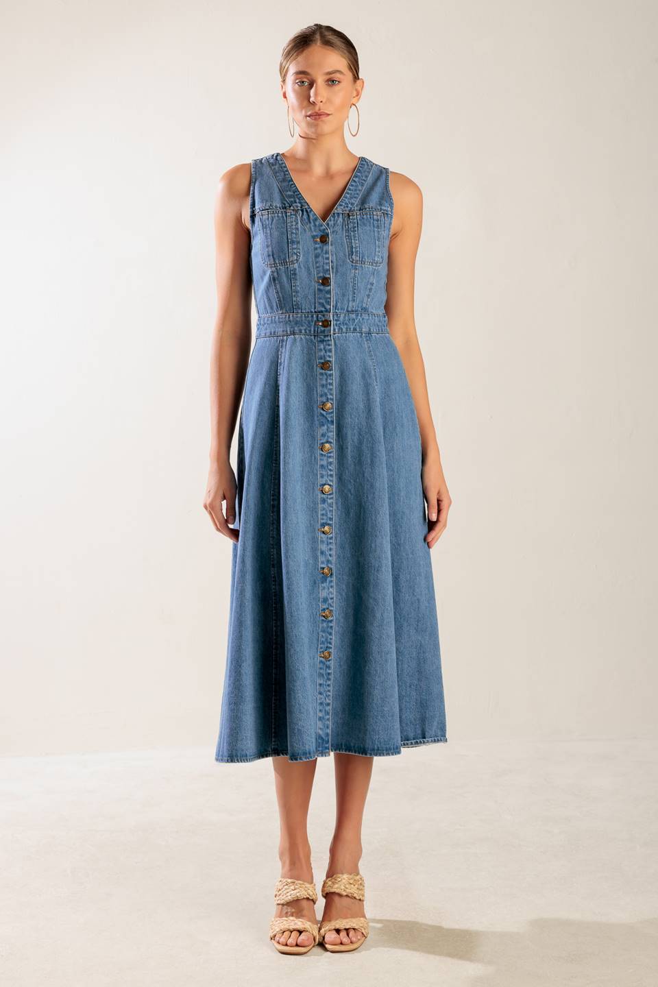THE JOURNEY BEGINS BUTTON DOWN DENIM MIDI DRESS