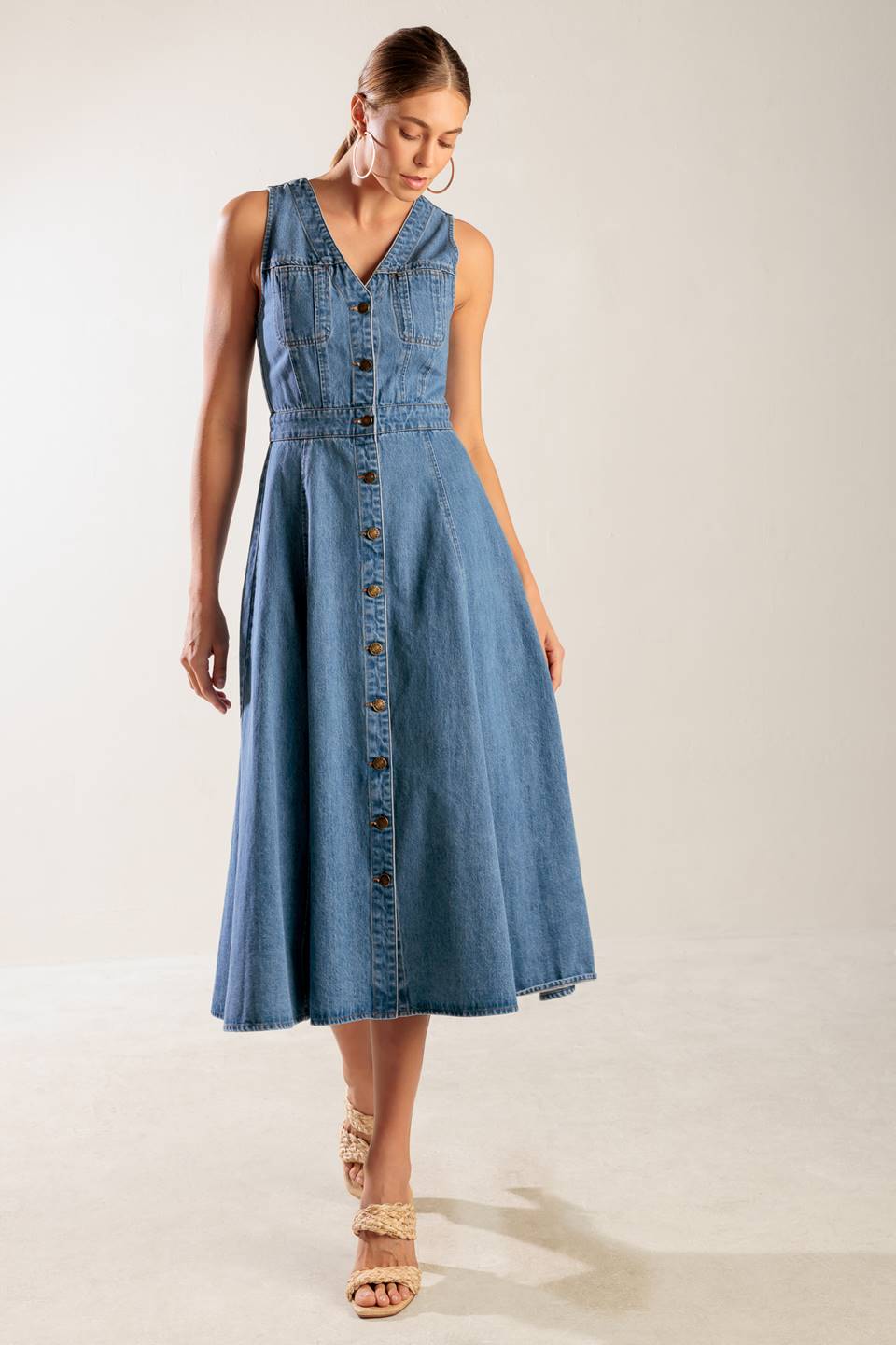 THE JOURNEY BEGINS BUTTON DOWN DENIM MIDI DRESS