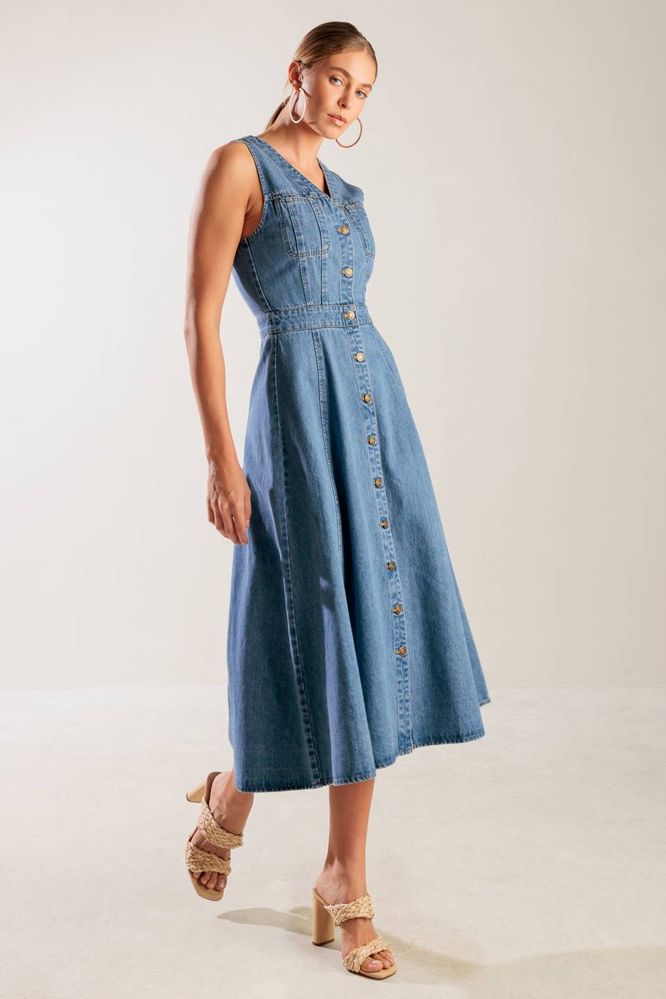THE JOURNEY BEGINS BUTTON DOWN DENIM MIDI DRESS